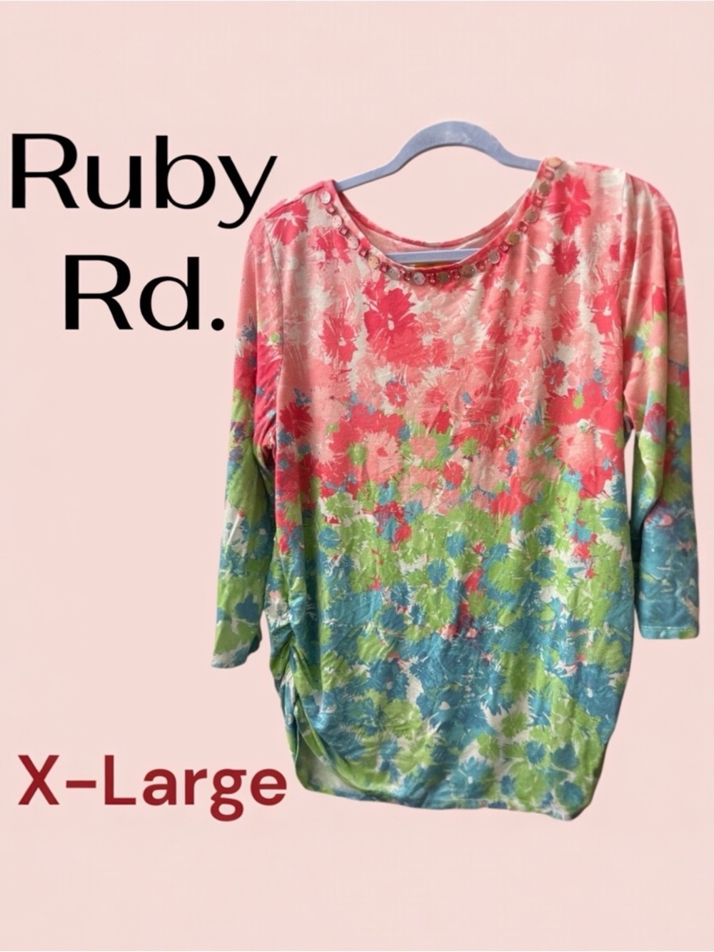 Ruby Rd. Women's 3/4 Sleeve Floral Top - Pink, Green, Blue